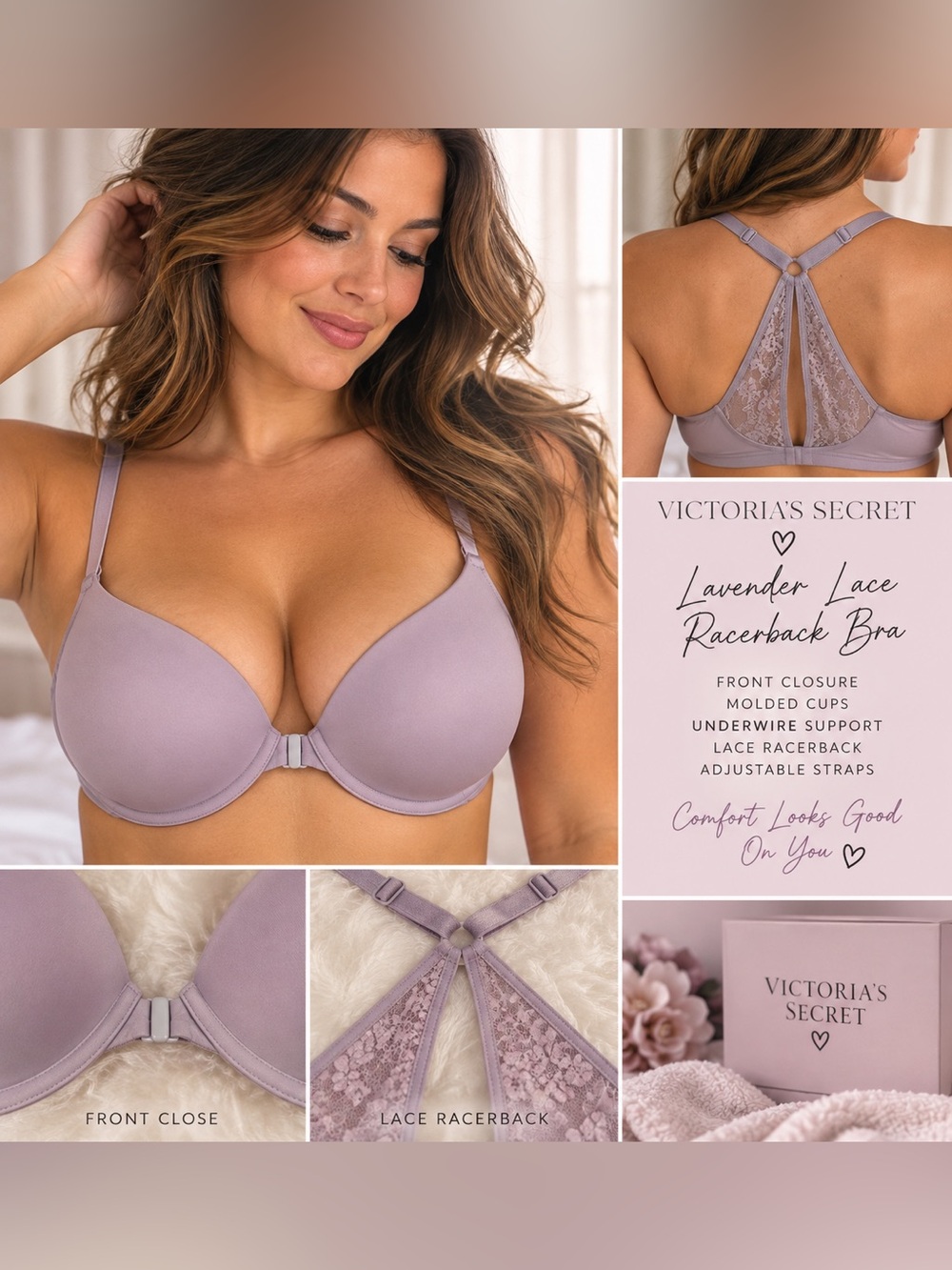 Victoria’s Secret Lavender Lace Racerback Front Close Bra 36C